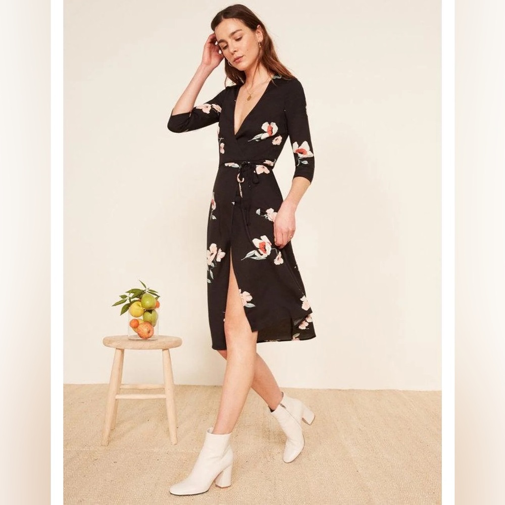 Reformation Carrie Wrap Dress Black Ornament Floral Print medium